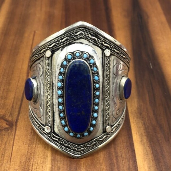Single Vintage Afghan Cuff Bracelet: Lapis, Turquoise, Sterling Silver Tribal - Picture 3 of 12